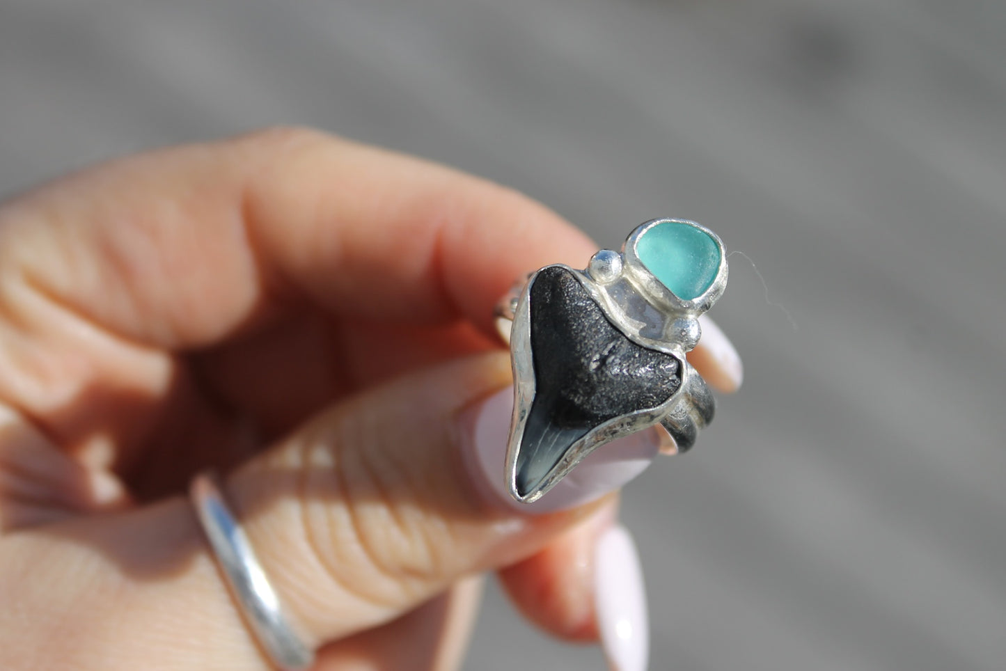 Shark tooth with blue seaglass Ring Size 8