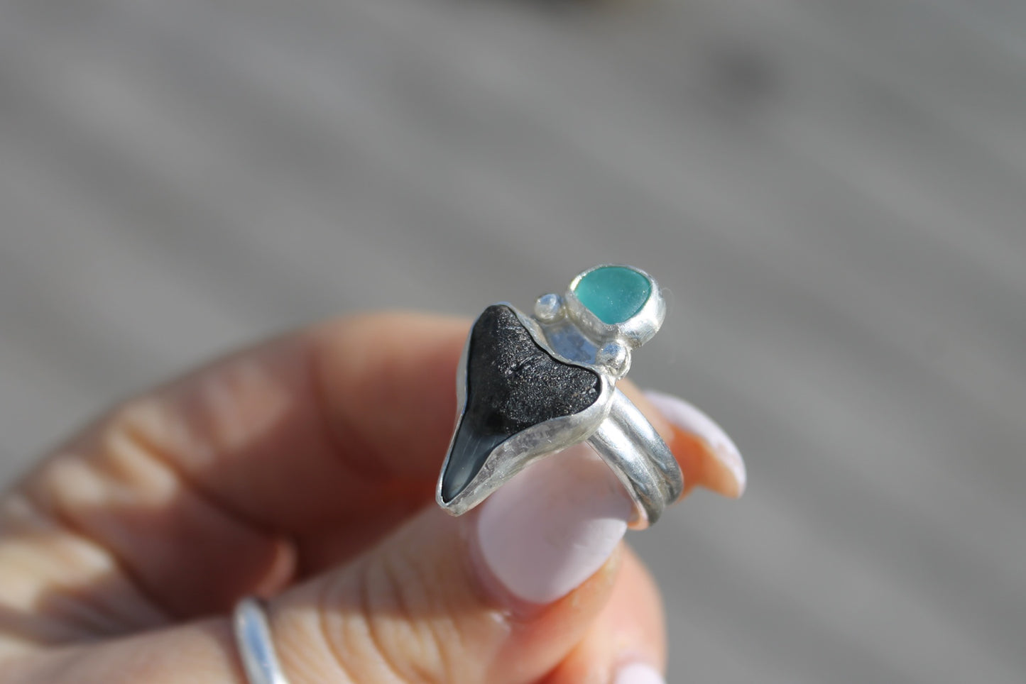 Shark tooth with blue seaglass Ring Size 8