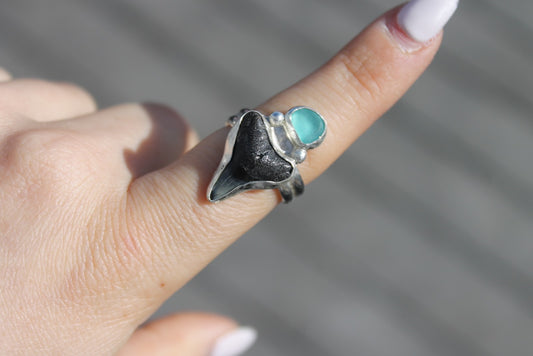 Shark tooth with blue seaglass Ring Size 8