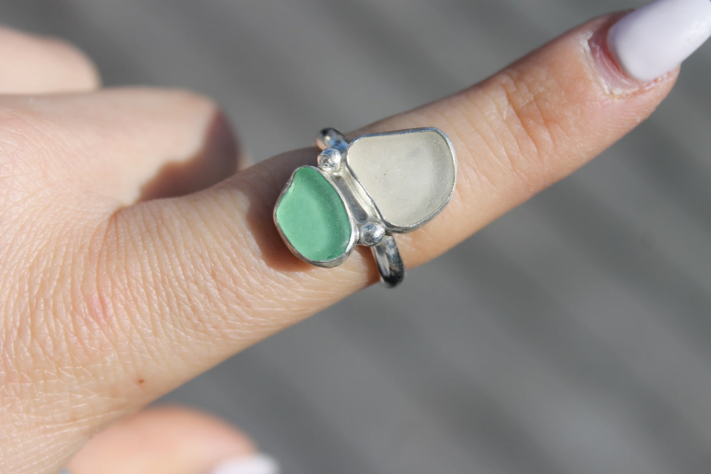 Green and White seaglass Ring Size 8