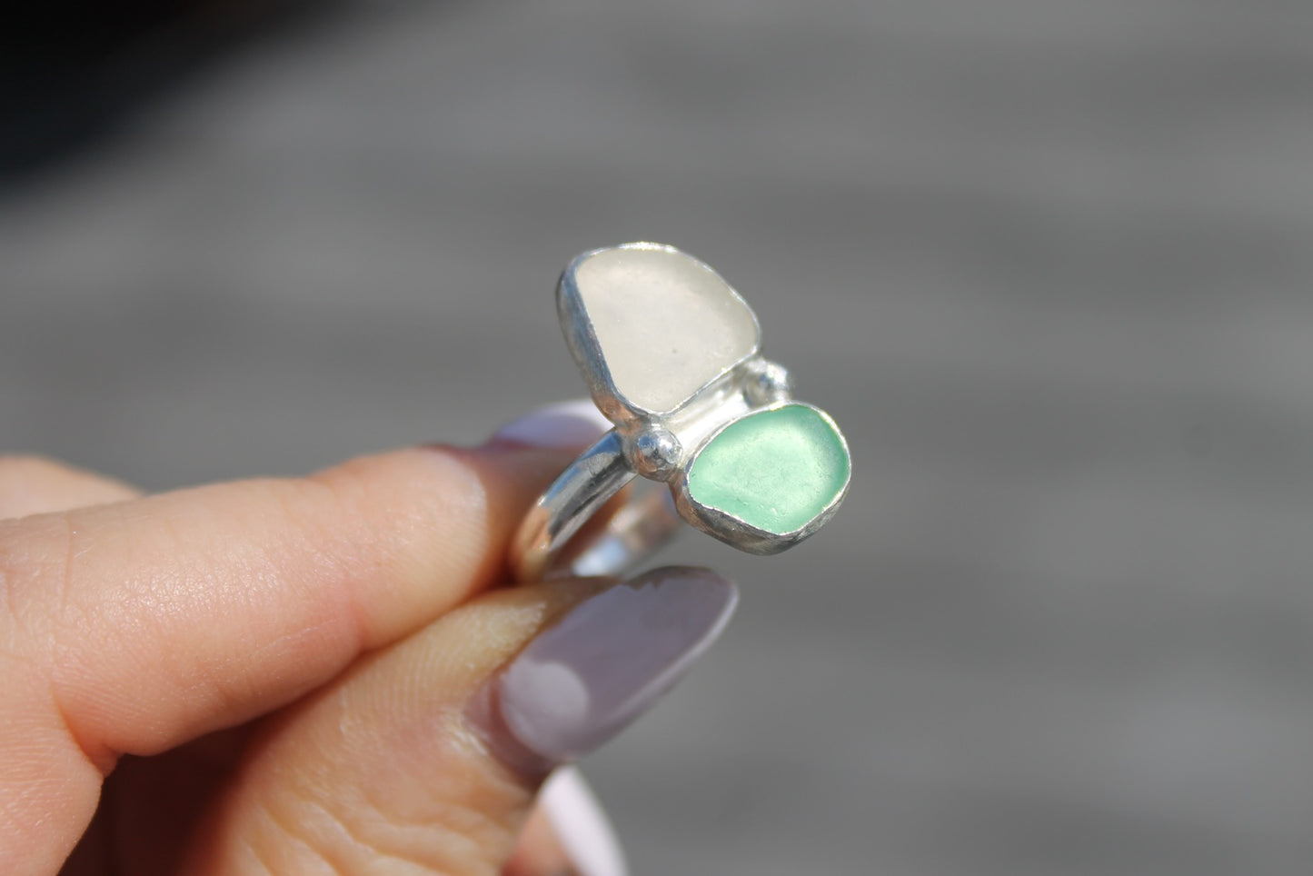 Green and White seaglass Ring Size 8