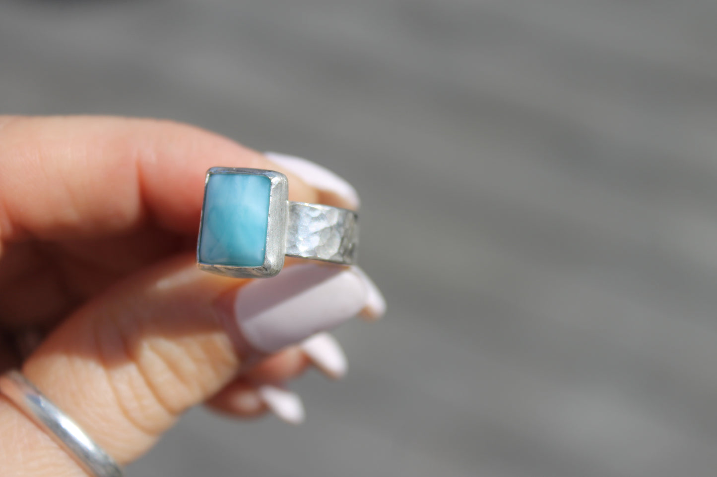 Larimar square with hammered band Size 7