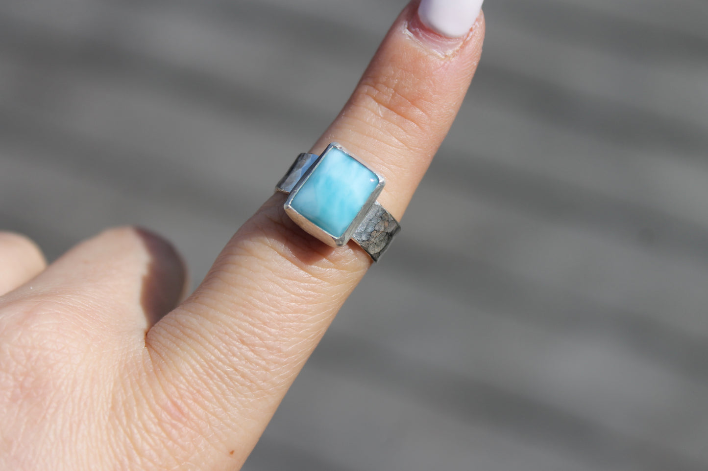 Larimar square with hammered band Size 7