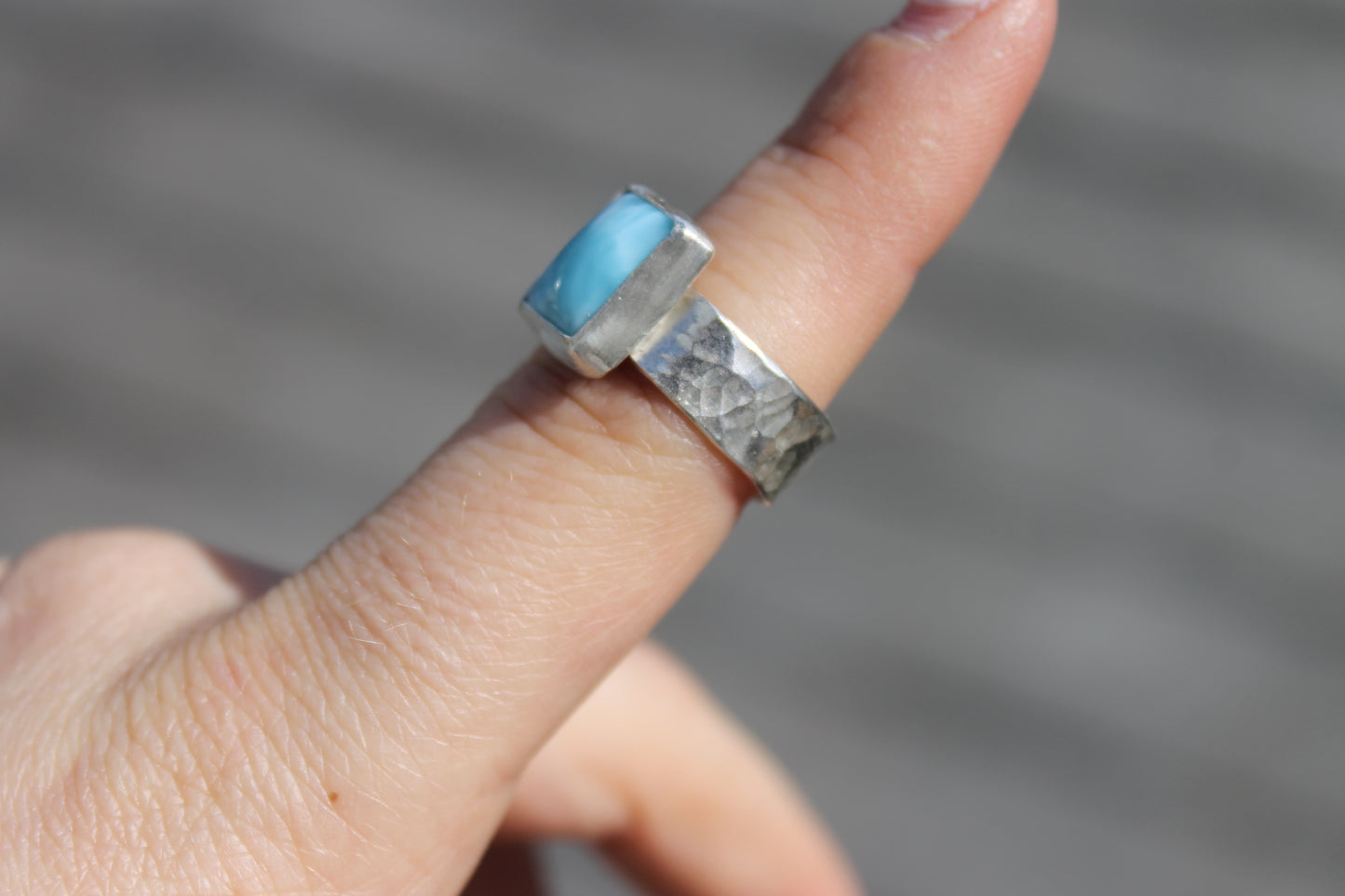 Larimar square with hammered band Size 7