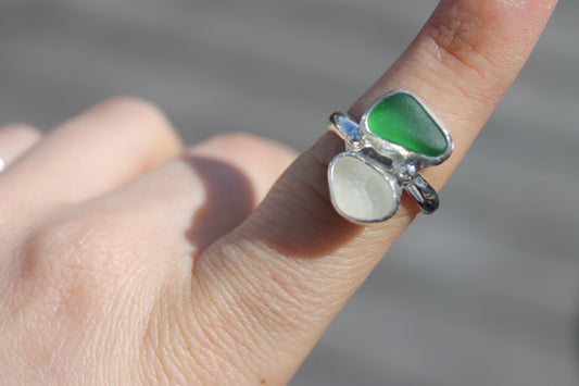 Dark green and white seaglass ring size 7.5