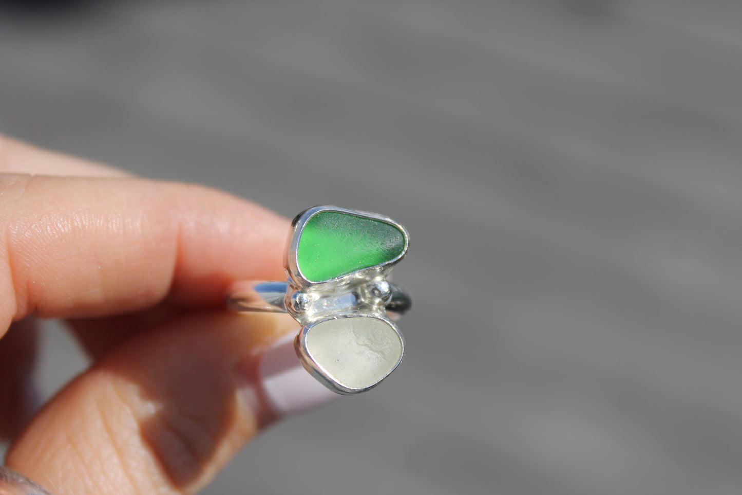 Dark green and white seaglass ring size 7.5